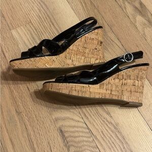 Franco Sarto Black Patent Leather Wedge Sandals